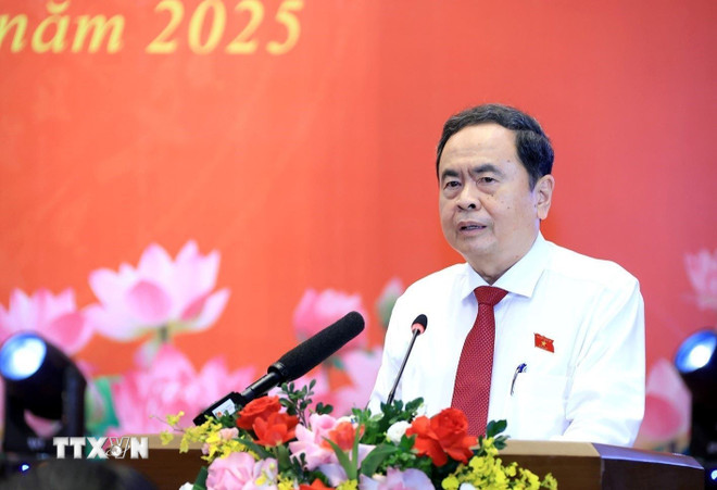 ประธานสภาแห่งชาติ ตรัน ถั่ญ มาน แสดงความยินดีกับสมาชิกสภาแห่งชาติหญิงในคณะกรรมการพรรคของสภาแห่งชาติ (ภาพ: Tuan Anh/VNA) ttxvn-chu-tich-quoc-hoi-gap-mat-nhan-ngay-2010-17-1.jpg