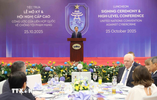 Phó Thủ tướng Bùi Thanh Sơn, Trưởng Ban chỉ đạo Lễ mở ký Công ước Hà Nội phát biểu. (Ảnh: An Đăng/TTXVN) ttxvn-pho-thu-tuong-bui-thanh-son-chu-tri-tiec-trua-cong-uoc-ha-noi-1.jpg