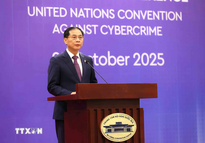 Phó Thủ tướng Bùi Thanh Sơn, Trưởng Ban chỉ đạo Lễ mở ký Công ước Hà Nội phát biểu. (Ảnh: An Đăng/TTXVN) ttxvn-pho-thu-tuong-bui-thanh-son-chu-tri-tiec-trua-cong-uoc-ha-noi-3.jpg