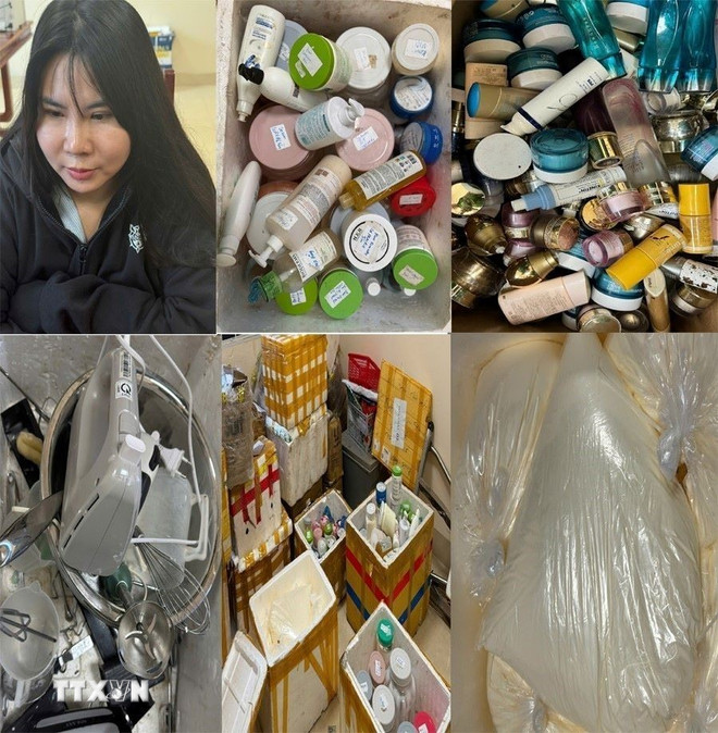 Đối tượng Nguyễn Thị Dung và số tang vật thu giữ. (Ảnh: Cơ quan công an cung cấp) ttxvn-thanh-hoa-triet-pha-co-so-san-xuat-buon-ban-so-luong-lon-my-pham-gia-2405-2.jpg