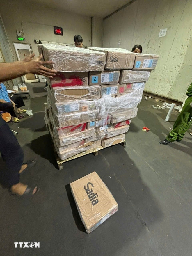 Công an thu giữ số lượng lớn các sản phẩm không rõ nguồn gốc. (Ảnh: TTXVN phát) ttxvn-phat-hien-gan-70-tan-thit-noi-tang-khong-ro-nguon-goc-1206-2jpeg.jpg