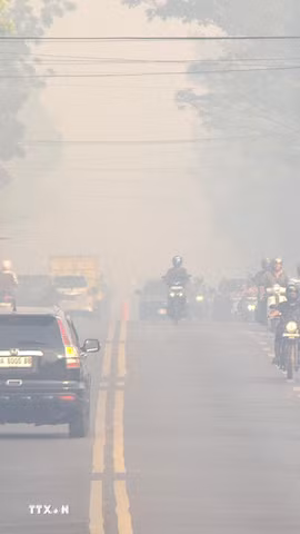 Khói mù dày đặc bao phủ tại Palangka Raya, Trung Kalimantan, Indonesia. (Ảnh: THX/TTXVN phát)
