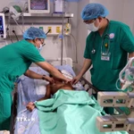 Các y, bác sỹ khoa Nhi Cấp cứu - Hồi sức tích cực và Chống độc, Bệnh viện Phụ sản - Nhi Đà Nẵng kiểm tra sức khỏe cho hai bệnh nhi đang được điều trị tại bệnh viện. (Ảnh: Trần Lê Lâm/TTXVN)