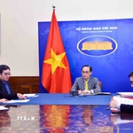 Bộ trưởng Bộ Ngoại giao Lê Hoài Trung điện đàm với Bộ trưởng Bộ Châu Âu và Ngoại giao Pháp Jean Noel Barrot. (Ảnh: TTXVN)