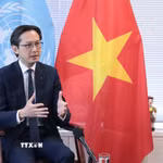 Đại sứ Đỗ Hùng Việt thông tin tới báo chí quốc tế về Hội nghị Kiểm điểm Hiệp ước NPT lần thứ 11. (Ảnh: Thanh Tuấn/TTXVN)