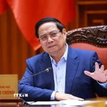 Thủ tướng Phạm Minh Chính chủ trì họp về Đề án phòng, chống sụt lún, sạt lở, ngập úng, hạn hán, xâm nhập mặn vùng đồng bằng sông Cửu Long đến năm 2035, tầm nhìn đến năm 2050. (Ảnh: Dương Giang/TTXVN)