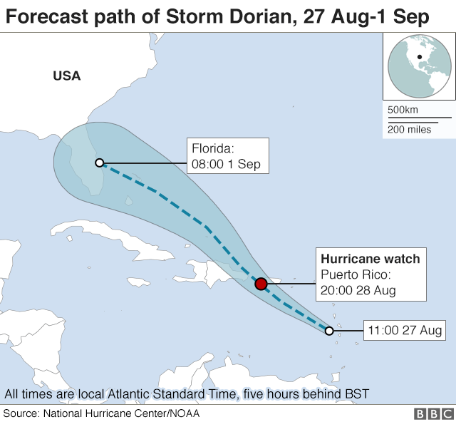 Vị trí và đường đi của bão nhiệt đới Dorian. (Nguồn: BBC) Mỹ: Vùng lãnh thổ Puerto Rico ban bố tình trạng khẩn cấp do bão Dorian ảnh 1