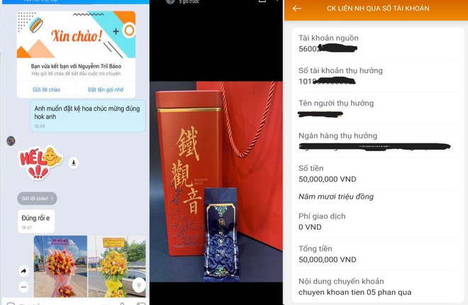 Tin nhắn và hình ảnh chuyển tiền đặt quà tặng. (Nguồn: Công an tỉnh Bình Phước) lua dao binh phuoc.jpg