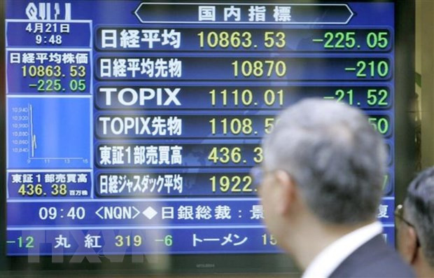 Màn hình hiển thị các chỉ số chứng khoán tại Tokyo, Nhật Bản. (Ảnh: Kyodo/TTXVN) Tâm lý lạc quan về kinh tế Trung Quốc hỗ trợ chứng khoán châu Á ảnh 1