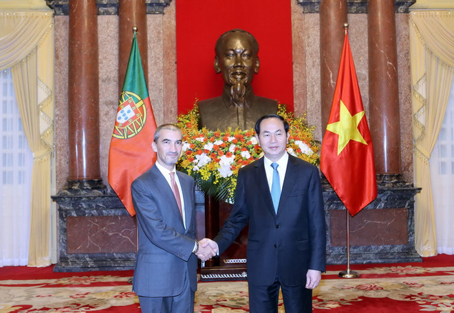 Chủ tịch nước Trần Đại Quang tiếp ngài Francisco Assis Morais E Cunha Vaz Patto, Đại sứ Bồ Đào Nha tại Việt Nam đến trình Quốc thư. (Ảnh: Nhan Sáng/TTXVN) Chủ tịch nước Trần Đại Quang tiếp các Đại sứ đến trình Quốc thư ảnh 7