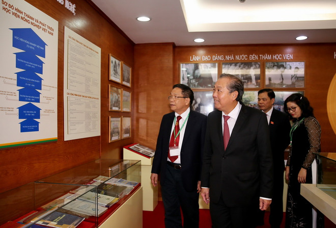 Phó Thủ tướng Thường trực Trương Hòa Bình thăm phòng truyền thống của Học viện Nông nghiệp Việt Nam. (Ảnh: Dương Giang/TTXVN) Phó Thủ tướng chúc mừng thầy, cô giáo Học viện Nông nghiệp Việt Nam ảnh 1