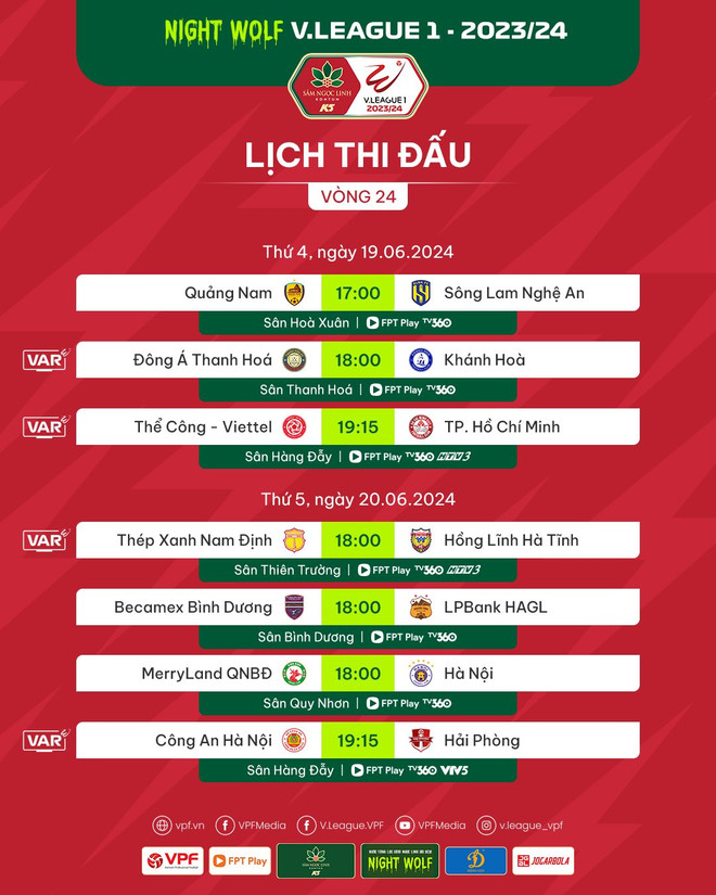 Lịch thi đấu vòng 24 Giải Vô địch Quốc gia V-League 2023-2024. (Ảnh: VPF) 448653858_856001249891636_5164487837826546205_n.jpg