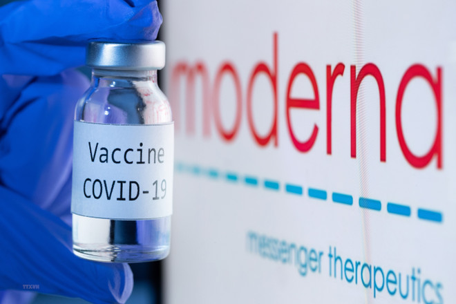 Vaccine ngừa COVID-19 bên cạnh biểu tượng của Công ty dược Moderna. (Ảnh: AFP/TTXVN) Liều tiêm thứ 3 của vaccine Moderna bằng nửa liều cơ bản ảnh 1