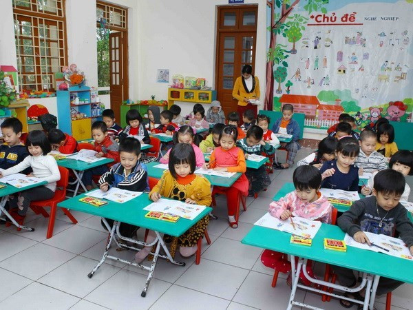 Giờ học tạo hình của học sinh một lớp mẫu giáo 5 tuổi khi chưa có dịch COVID-19. (Ảnh minh họa: Quý Trung/TTXVN) Hướng dẫn những nội dung cốt lõi cho trẻ 5 tuổi sẵn sàng vào lớp 1 ảnh 1
