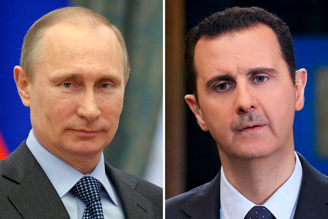 Tổng thống Nga Putin và người đồng cấp Syria Assad. (Nguồn: IbTimes) Tổng thống Putin và Assad điện đàm, bàn về tương lai của Syria ảnh 1