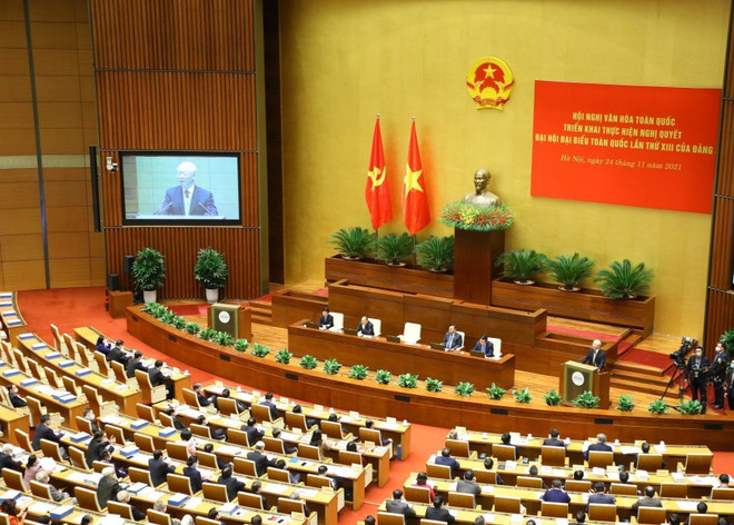 Tổng Bí thư Nguyễn Phú Trọng phát biểu tại Hội nghị Văn hóa Toàn quốc triển khai thực hiện Nghị quyết Đại hội XIII của Đảng (Hà Nội, 24/11/2021). (Ảnh: Trí Dũng/TTXVN) ttxvn_tong bi thu nguyen phu trong 2.jpg