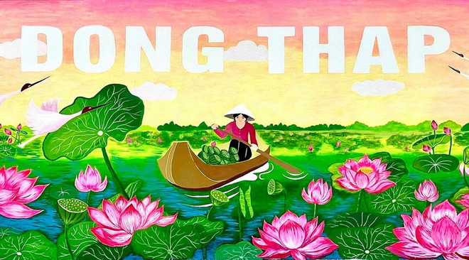 Tác phẩm bích họa 'Sắc sen quê nhà' của Trường Mầm non Tân Khánh Trung (huyện Lấp Vò). (Ảnh: TTXVN phát) ttxvn_Tranh bich hoa 3.jpg