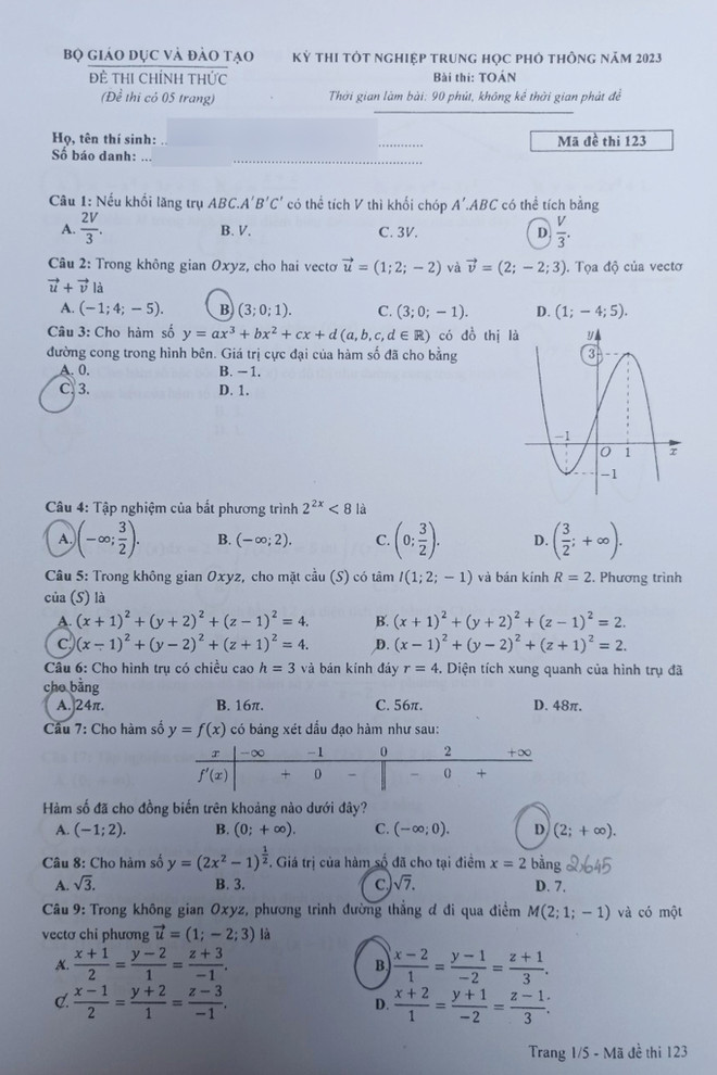 Đề thi chính thức môn Toán Kỳ thi Tốt nghiệp Trung học phổ thông ảnh 2