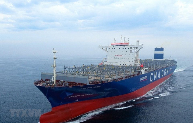 Tàu chở container siêu lớn trọng tải 14.800 TEU chạy bằng nhiên liệu khí đốt hóa lỏng (LNG). (Ảnh: Yonhap/TTXVN) Samsung Heavy Industries giành được đơn đặt hàng trị giá hơn 2 tỷ USD ảnh 1
