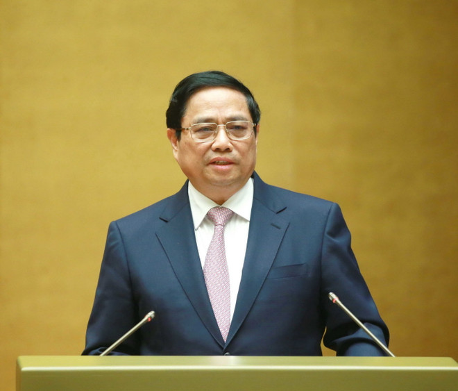 Ủy viên Bộ Chính trị, Thủ tướng Chính phủ Phạm Minh Chính truyền đạt chuyên đề: 'Tiếp tục đổi mới, nâng cao chất lượng chính sách xã hội, đáp ứng yêu cầu sự nghiệp xây dựng và bảo vệ Tổ quốc trong giai đoạn mới.' (Ảnh: Phương Hoa/TTXVN) ttxvn-thu-tuong-pham-minh-chinh-0412-2-6584.jpg