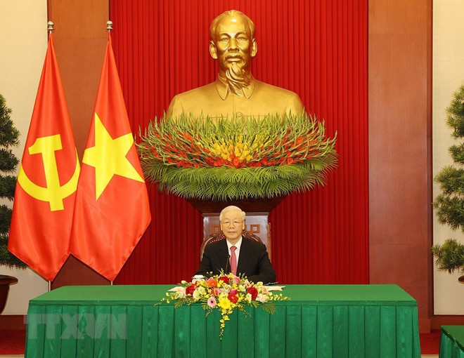 Tổng Bí thư Nguyễn Phú Trọng điện đàm với Tổng Bí thư, Chủ tịch nước Trung Quốc Tập Cận Bình. (Ảnh: Trí Dũng/TTXVN) Việt Nam-Trung Quốc dành ưu tiên cao cho hợp tác phòng, chống COVID-19 ảnh 2