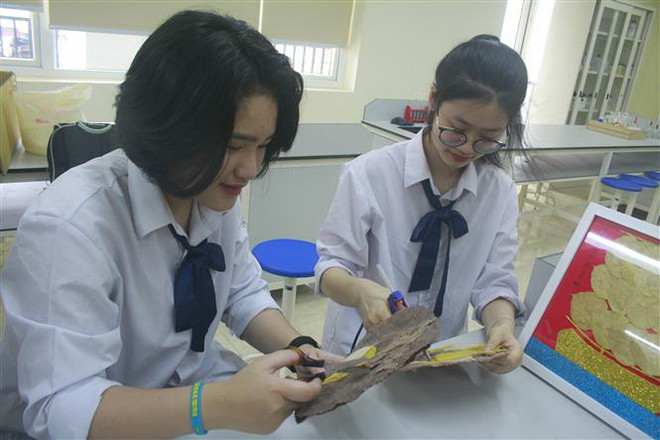 Em Phạm Đoàn Thùy Linh (phải) và Lã Hồng Hạnh nghiên cứu hoàn thiện các sản phẩm làm từ lá bồ đề và thân chuối. (Ảnh: Hải Yến/TTXVN) Sáng tạo các sản phẩm bằng giấy từ thân chuối và lá bồ đề khô ảnh 2