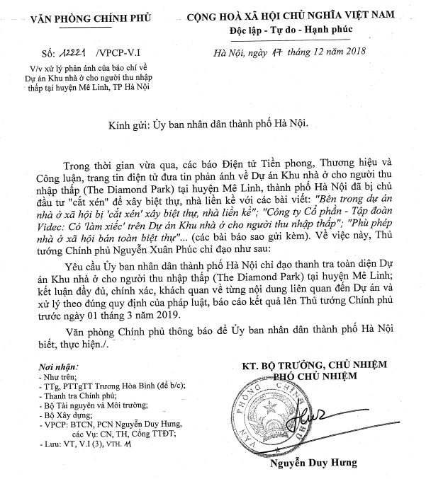 Thanh tra dự án cho người thu nhập thấp The Diamond Park Mê Linh ảnh 1