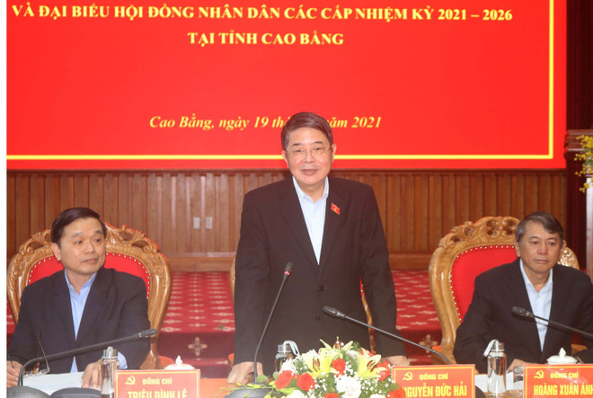 Phó Chủ tịch Quốc hội Nguyễn Đức Hải phát biểu tại buổi giám sát, kiểm tra công tác bầu cử ở tỉnh Cao Bằng. (Ảnh: Chu Hiệu/TTXVN) Phó Chủ tịch Quốc hội kiểm tra công tác bầu cử tại Cao Bằng ảnh 1