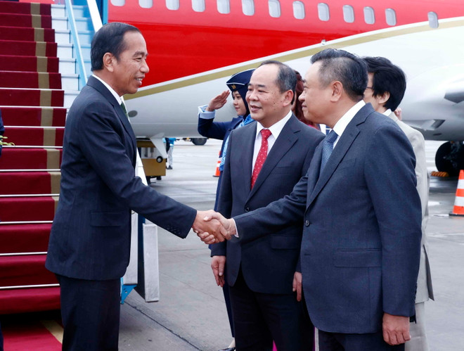 Chủ nhiệm Văn phòng Chủ tịch nước Lê Khánh Hải và Chủ tịch Ủy ban Nhân dân thành phố Hà Nội Trần Sỹ Thanh đón Tổng thống Indonesia Joko Widodo tại Sân bay Quốc tế Nội Bài. (Ảnh: An Đăng/TTXVN) ttxvn-tong-thong-indo-2-1099.jpg