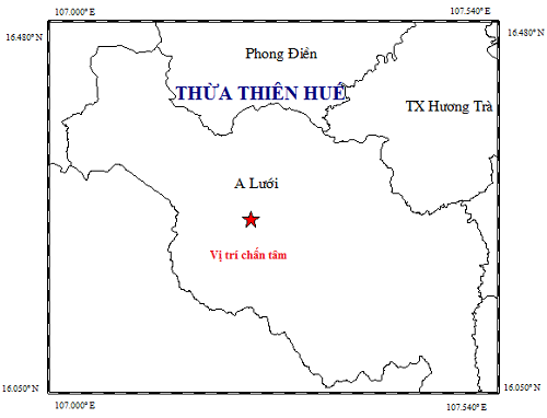 Bản đồ chấn tâm động đất. (Nguồn: Viện Vật lý địa cầu) Thừa Thiên- Huế: Xảy ra động đất có độ lớn 2,4 tại huyện A Lưới ảnh 1