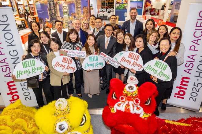 Team Hong Kong celebrates the announcement of IBTM Asia Pacific 2025 at Hong Kong Stand with a lion dance performance.