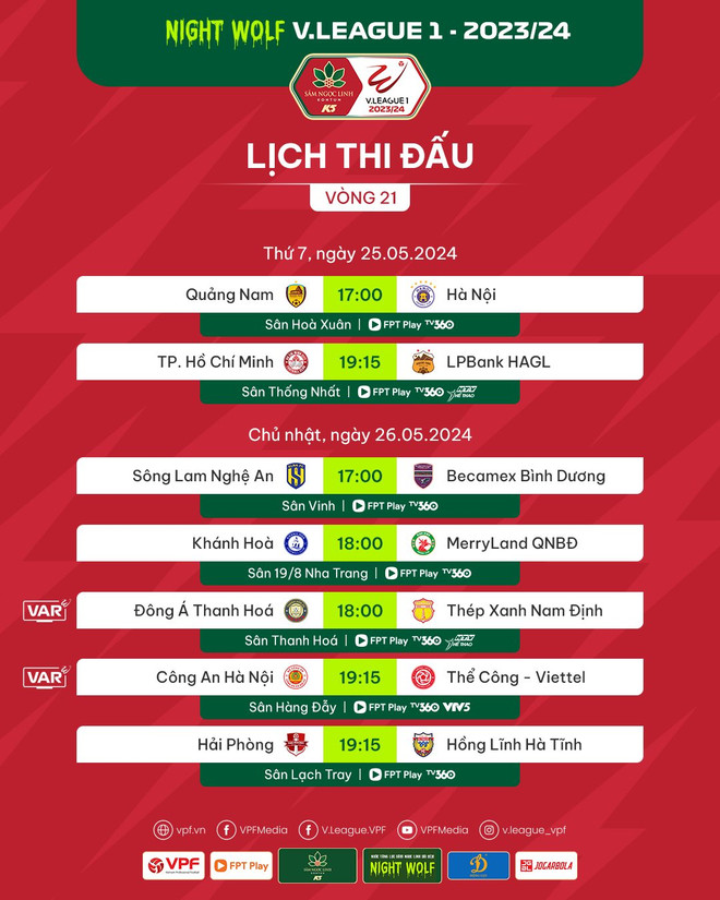 Lịch thi đấu vòng 21 Giải Vô địch Quốc gia V-League 2023/24. (Ảnh: VPF) 445587436_839678938190534_7050619413219167820_n.jpg