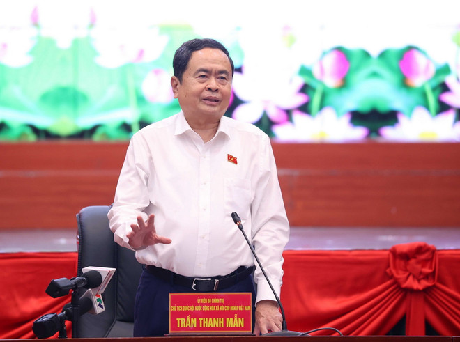Chủ tịch Quốc hội Trần Thanh Mẫn phát biểu chỉ đạo tại buổi làm việc với Thành ủy Hải Phòng. (Ảnh: Văn Điệp/TTXVN) ttxvn_thanh uy hai phong 3.jpg