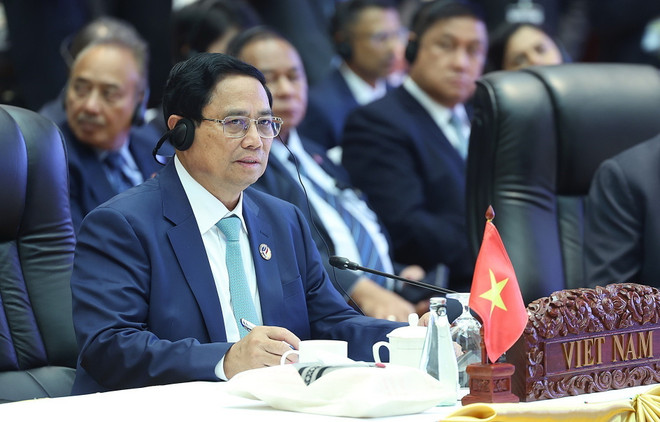 Thủ tướng Phạm Minh Chính phát biểu tại Hội nghị cấp cao ASEAN-Nhật Bản lần thứ 27. (Ảnh: Dương Giang/TTXVN) ttxvn_ASEAN Nhat Ban 2.jpg