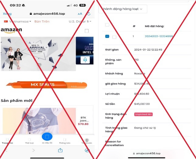 Giao diện trang thương mại điện tử giả mạo Amazon. (Nguồn: Công an thành phố hà Nội) lua dao amazon.png