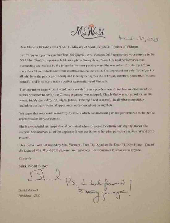 Chủ tịch Mrs World xin lỗi Hoa hậu Trần Thị Quỳnh ảnh 2