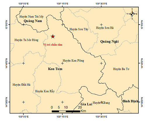 Bản đồ chấn tâm động đất ở Kon Tum. (Nguồn: Viện Vật lý Địa cầu) dong dat kon tum.png