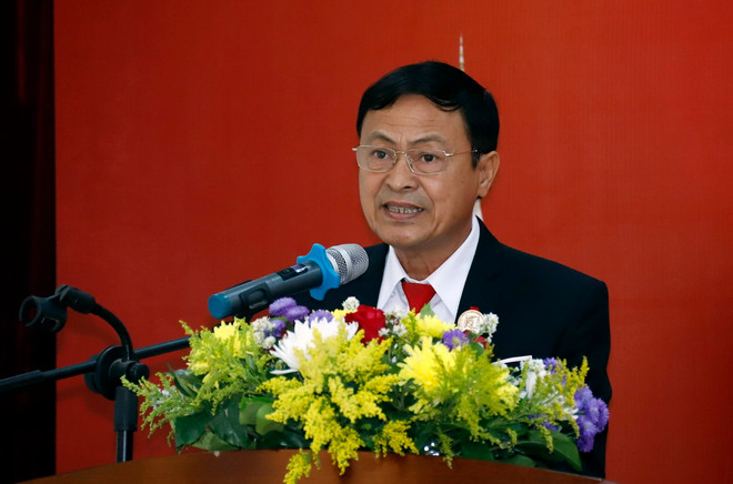 Ông Phạm Văn Hùng, Chủ tịch Tổng hội người Việt Nam tại Lào, phát biểu tại sự kiện. (Ảnh: Phạm Kiên/TTXVN) ttxvn_tong hoi nguoi viet nam tai lao 2.jpg