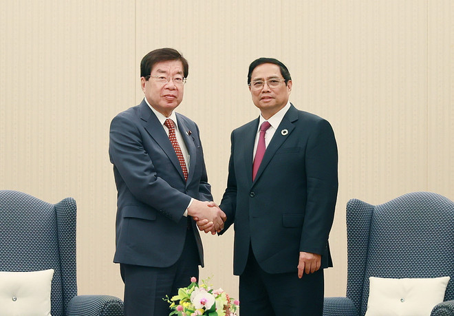 Thủ tướng Phạm Minh Chính tiếp Hạ nghị sỹ Hiraguchi, Chủ tịch Ủy ban đặc biệt về xây dựng luật công chức và đạo đức chính trị của Hạ viện Nhật Bản cùng một số nghị sỹ Quốc hội. (Ảnh: Dương Giang/TTXVN) Thủ tướng Phạm Minh Chính tiếp các nghị sỹ Nhật Bản tại Hiroshima ảnh 1