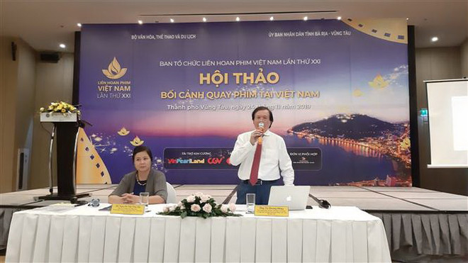 Ông Tạ Quang Đông - Thứ trưởng Bộ Văn hóa, Thể thao và Du lịch, Trưởng Ban chỉ đạo Liên hoan phim Việt Nam lần thứ 21 chủ trì hội thảo. (Ảnh: Huỳnh Ngọc Sơn/TTXVN) Liên hoan phim Việt Nam lần thứ 21: Quảng bá bối cảnh quay phim ảnh 1