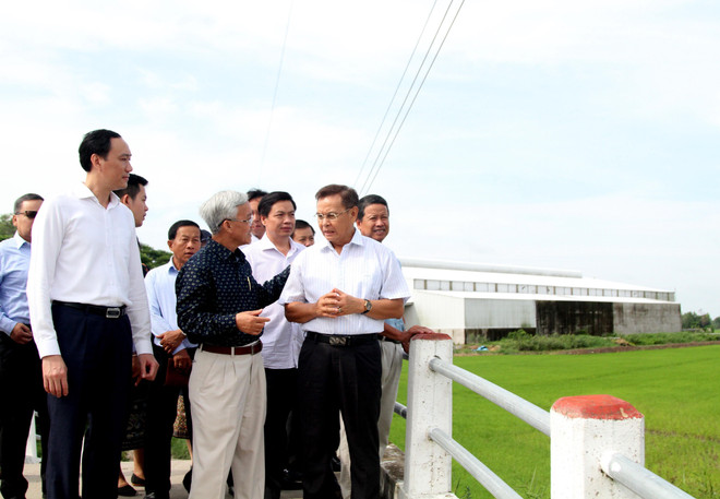 Ông Saysomphone Phomvihane (bên phải) tìm hiểu về mô hình cánh đồng lớn tại huyện Cờ Đỏ, thành phố Cần Thơ. (Ảnh: TTXVN) Việt Nam sẵn sàng chia sẻ kinh nghiệm phát triển nông nghiệp với Lào ảnh 1