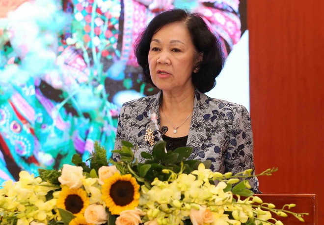 Bà Trương Thị Mai, Ủy viên Bộ Chính trị, Bí thư Trung ương Đảng, Trưởng Ban Dân vận Trung ương, Trưởng Ban Chỉ đạo Trung ương Tổng kết Nghị quyết 24-NQ/TW và Chỉ thị số 45-CT/TW phát biểu chỉ đạo Hội nghị. (Ảnh: Phương Hoa/TTXVN) Tạo cơ hội bình đẳng đối với phụ nữ vùng dân tộc thiểu số ảnh 1