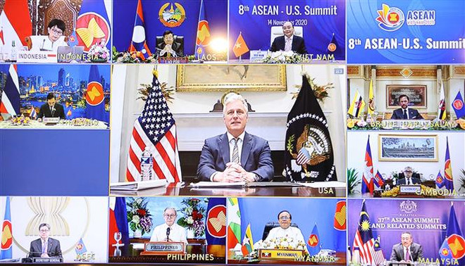 Lãnh đạo các nước ASEAN, Mỹ tham dự hội nghị trực tuyến. (Ảnh: Thống Nhất/TTXVN) Thái Lan đề xuất 3 lĩnh vực hợp tác cho quan hệ ASEAN-Mỹ ảnh 1