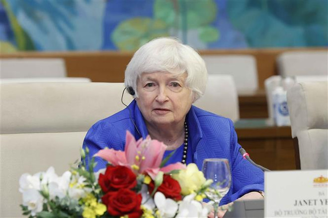 Bộ trưởng Bộ Tài chính Hoa Kỳ Janet Yellen. (Ảnh: Doãn Tấn/TTXVN) Việt Nam-Hoa Kỳ chia sẻ giải pháp tài chính ứng phó biến đổi khí hậu ảnh 1