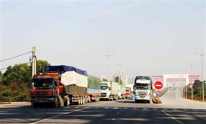Phương vận chuyển hàng hóa xuất nhập khẩu ở cửa khẩu Móng Cái. (Ảnh: TTXVN phát) Quảng Ninh: Lập vùng xanh an toàn, lưu thông hàng hóa biên mậu ảnh 3