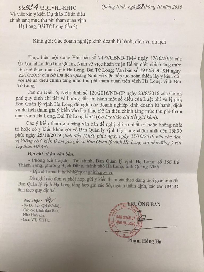 Lữ hành ‘sốc’ vì dự thảo tăng giá phi mã của Ban quản lý vịnh Hạ Long ảnh 1