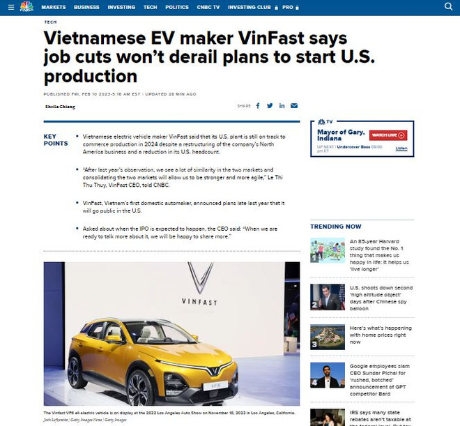 CNBC: VinFast sẽ sản xuất xe điện tại Mỹ từ năm 2024 ảnh 1