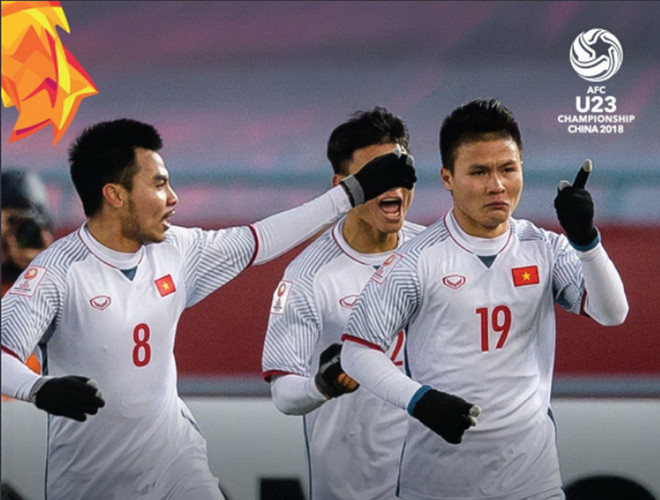 Pha ăn mừng bàn thắng vào lưới U23 Qatar của tiền vệ Nguyễn Quang Hải (phải). (Nguồn: Fox Sports Asia) Cầu thủ Qatar bất ngờ trước lối chơi máu lửa của U23 Việt Nam ảnh 1