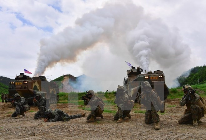 Binh sỹ Mỹ, Hàn Quốc tham gia một cuộc tập trận chung. (Nguồn: AFP/TTXVN) Mỹ và Hàn Quốc diễn tập phá hủy vũ khí hóa học của Triều Tiên ảnh 1