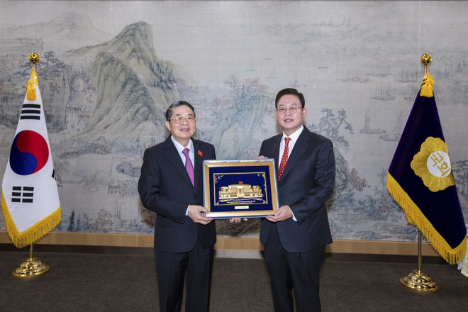 Phó Chủ tịch Quốc hội Nguyễn Đức Hải tặng phẩm lưu niệm cho Phó Chủ tịch Quốc hội Hàn Quốc Chung Woo Taik. (Ảnh: Anh Nguyên/TTXVN) Tăng cường cơ chế trao đổi giữa Quốc hội hai nước Việt Nam-Hàn Quốc ảnh 3